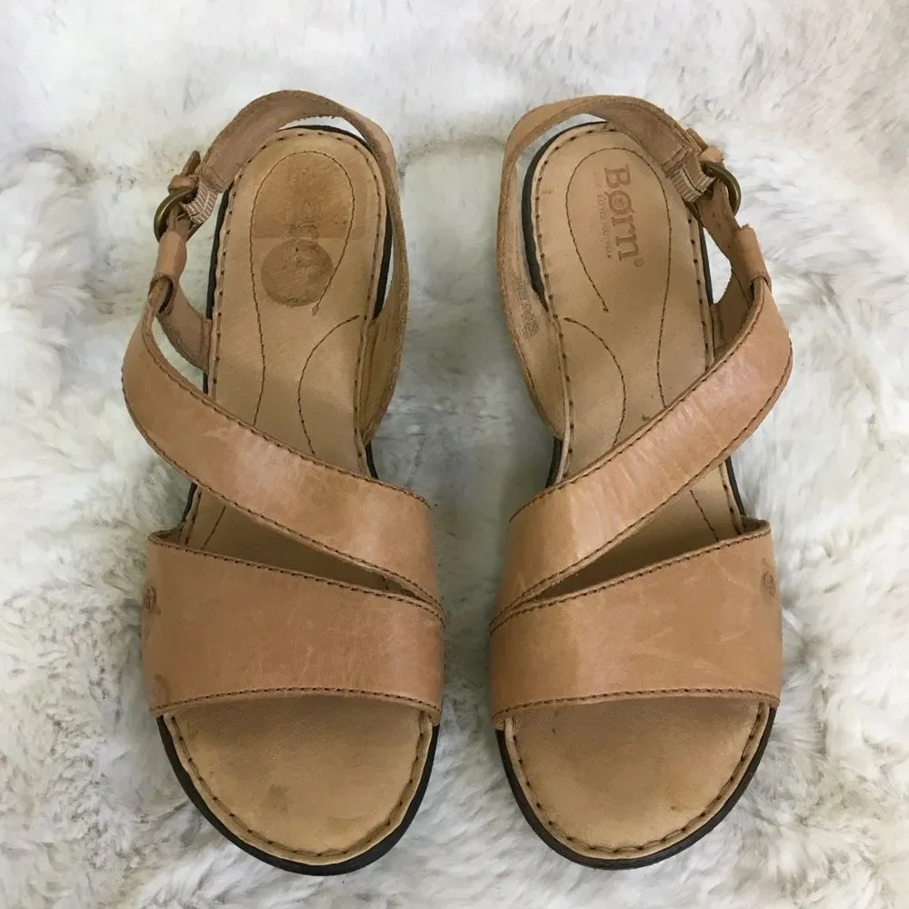 Born Women's Tan Leather Strappy Open Toe Wedge Sandals Size 9M